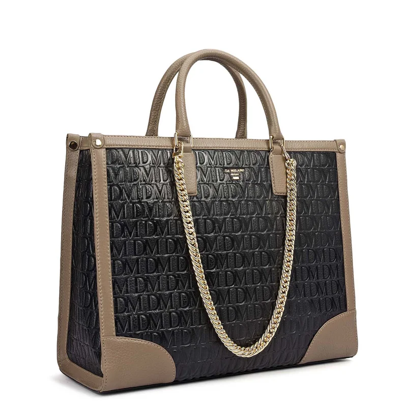 Da Milano Medium Monogram Leather Book Tote - Black